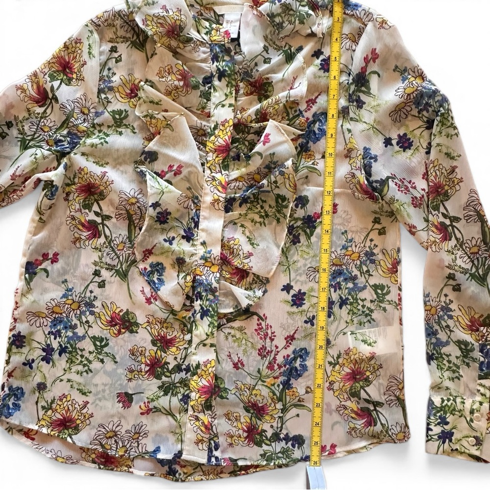H&M Floral Ruffle Front Blouse Sheer Long Sleeve Size 8 - Picture 3 of 8